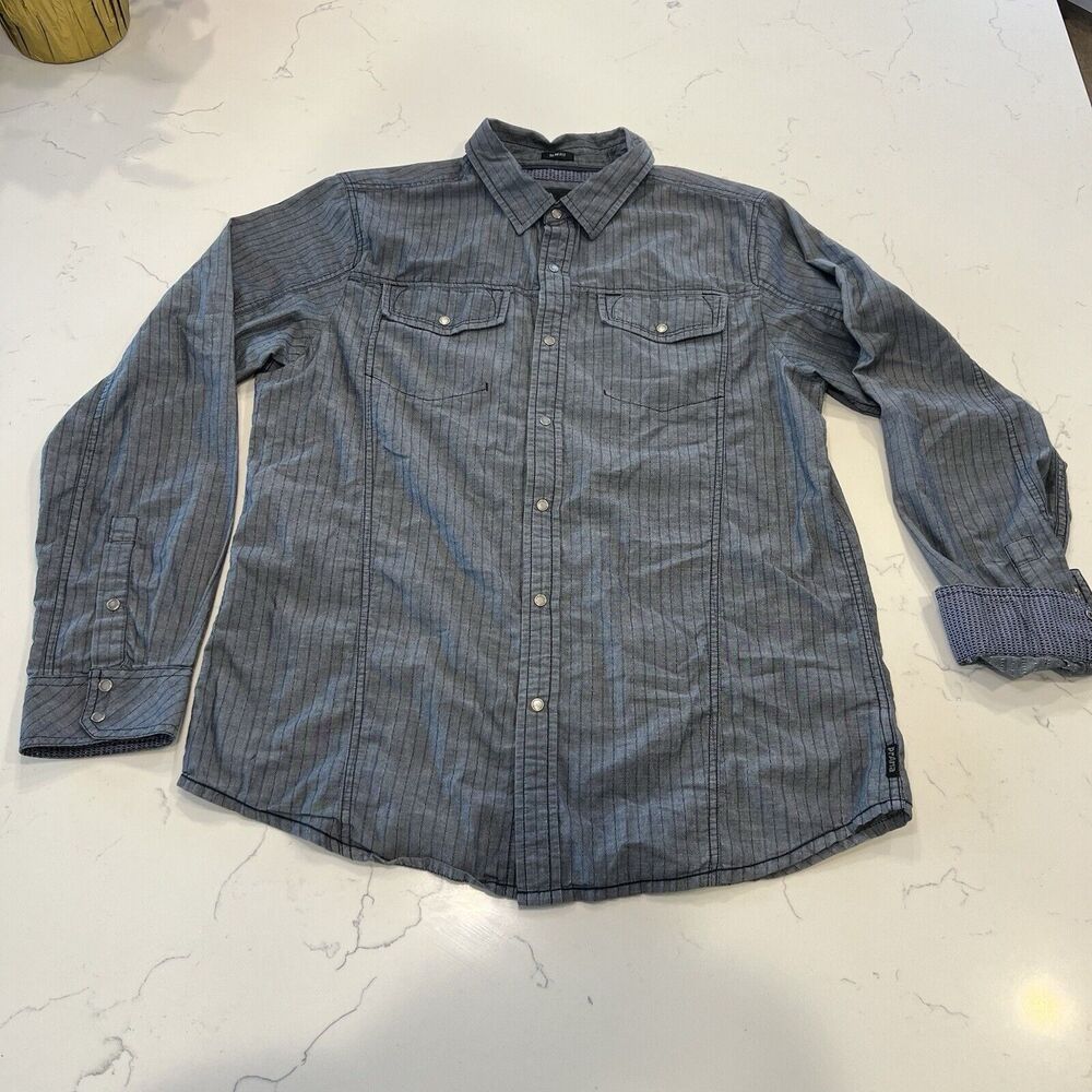 Prana Long Sleeve Grey Pearl Snap Work Shirt Size L‎ Slim Fit